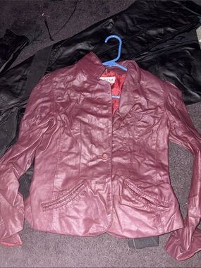 Women's Burgundy Faux Leather Single-Button Jacket